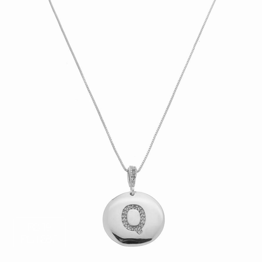 Pingente Letra Q Moeda Tássia Cravejado Cristal Prateado